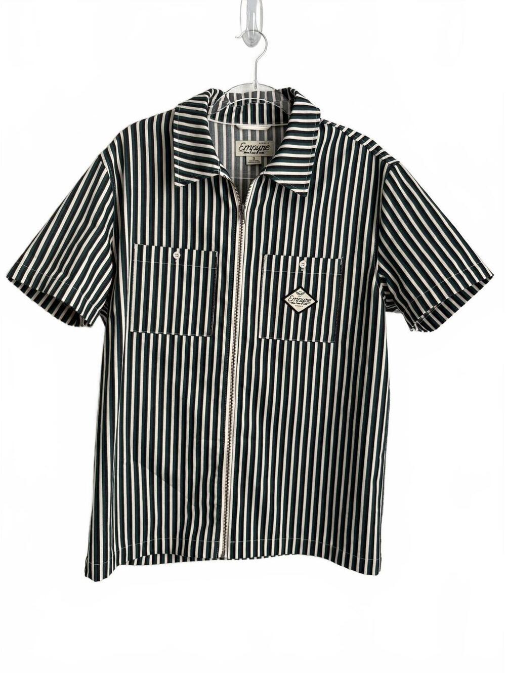 Empyre | Men’s Keep On Rollin Cream Green Striped Zip Up Short Sleeve Shirt Sz S